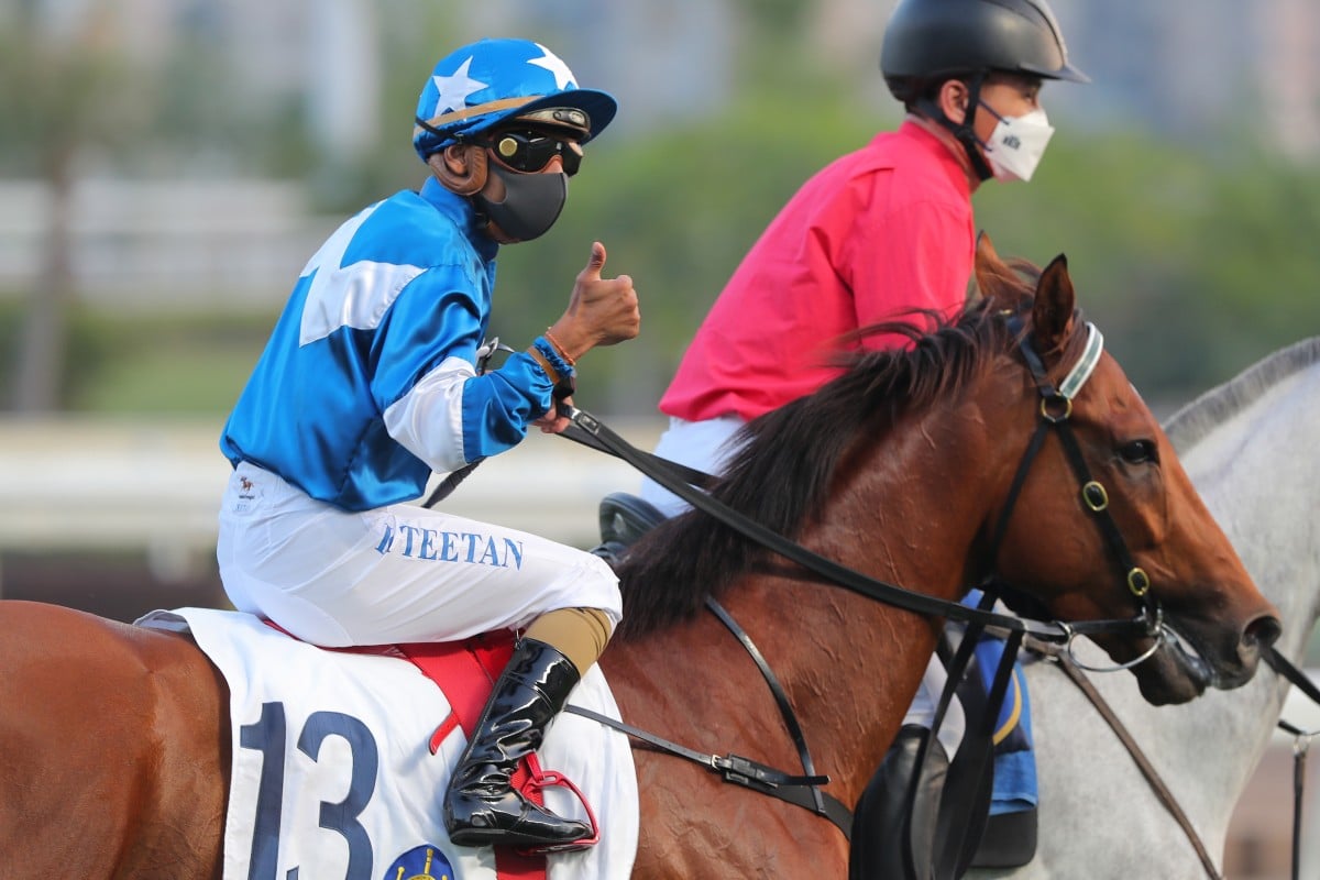 Karis Teetan gives the thumbs up after winning aboard Lucky With You at Sha Tin on Sunday. Photos: Kenneth Chan