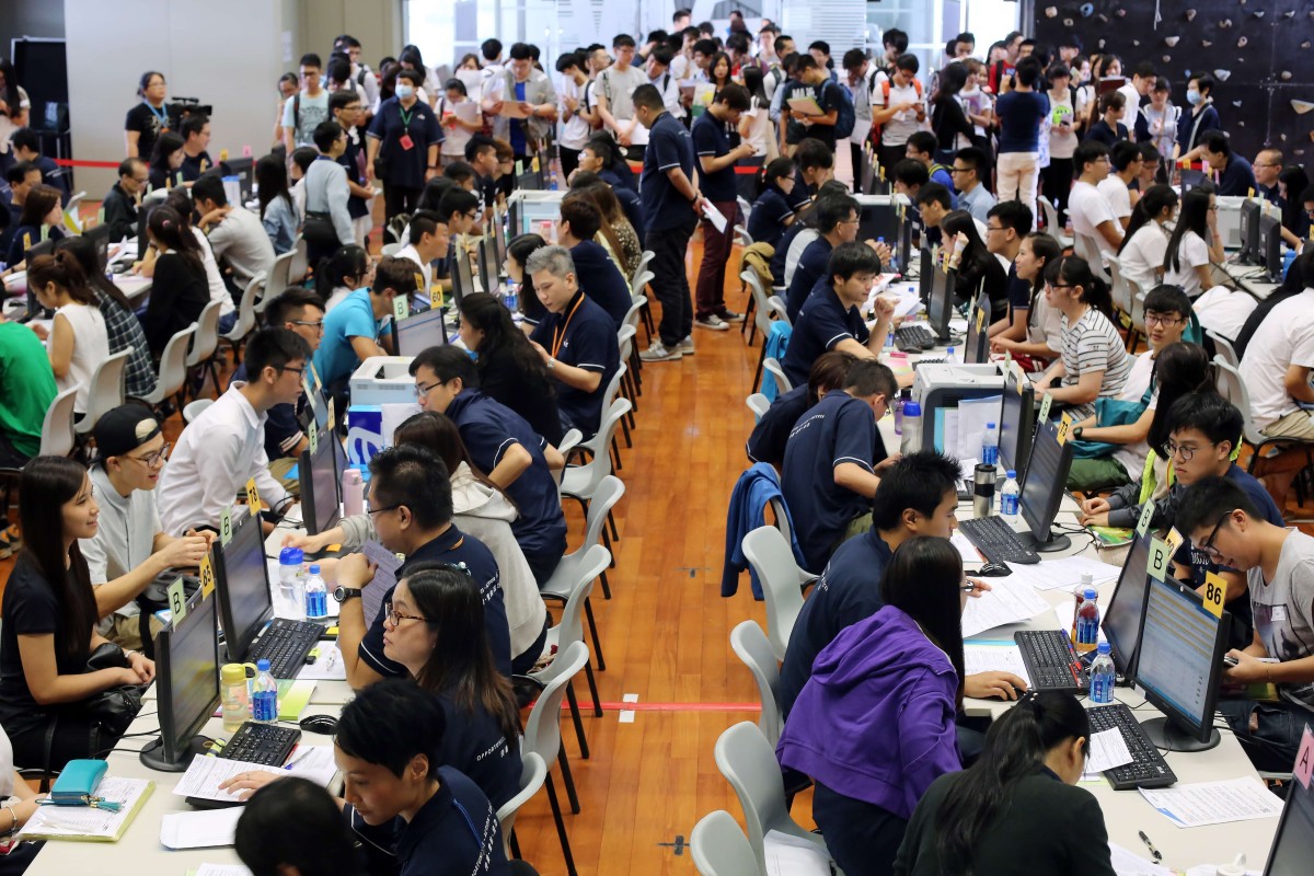 Students at the Haking Wong IVE Central Admission Centre in Cheung Sha Wan.