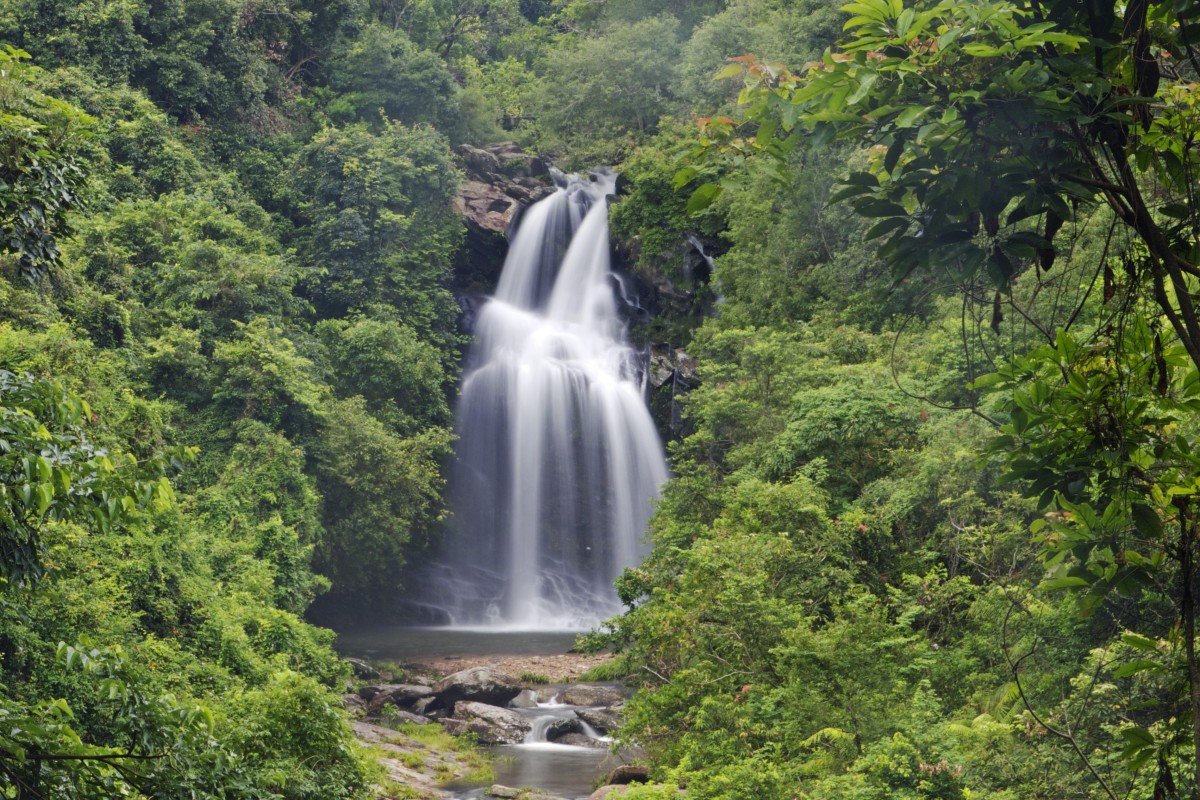 Water cascades down the Brides Pool waterfall in Hong Kong.