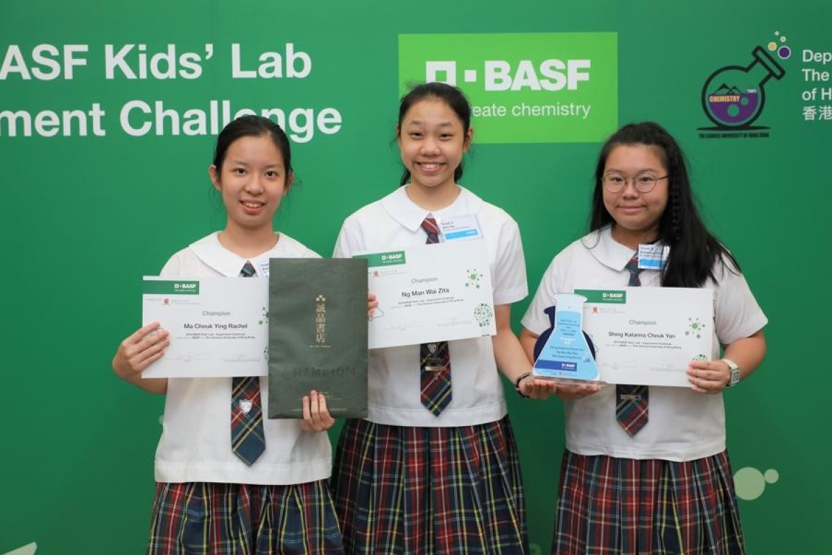 (From left) Rachel Ma, Zita Ng, and Katarina Shing were inspired to create an artificial leaf when they learned about algal blooms.
