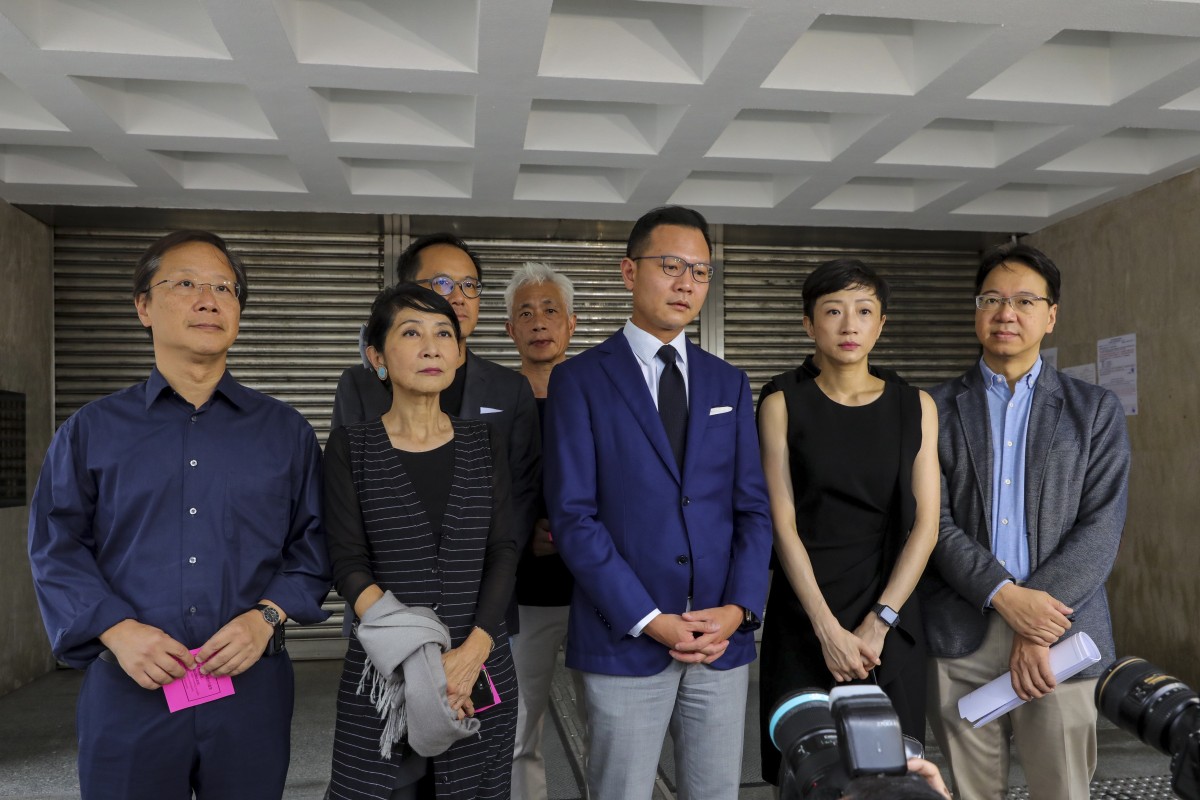 Pro-democracy lawmakers (from left to right) Dr Kwok Ka-ki, Claudia Mo, Kenneth Leung, Leung Yiu-chung, Dennis Kwok, Tanya Chan, and Charles Peter Mok, filed an urgent application for a temporary suspension on the anti-mask law.