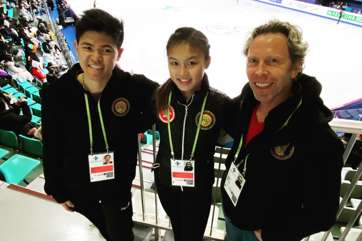 Harrison Wong (left) with fellow Hong Kong skater Kahlen Cheung and coach Craig Heath, was proud of their performance at the ISU event in Seoul.