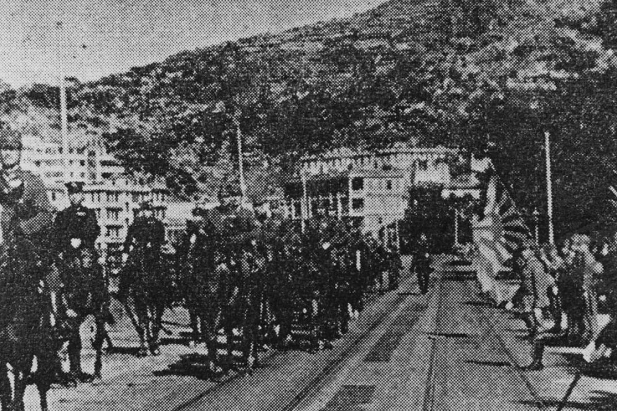 Shot of Japanese troops taking part in a ceremonial parade on horseback as part of their occupation ceremony in Hong Kong. Photo: SCMP