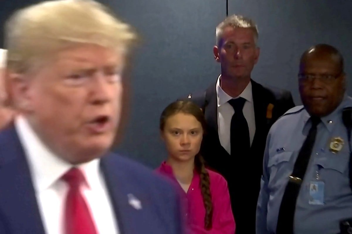 Climate activist Greta Thunberg stares daggers at climate denier US President Donald Trump