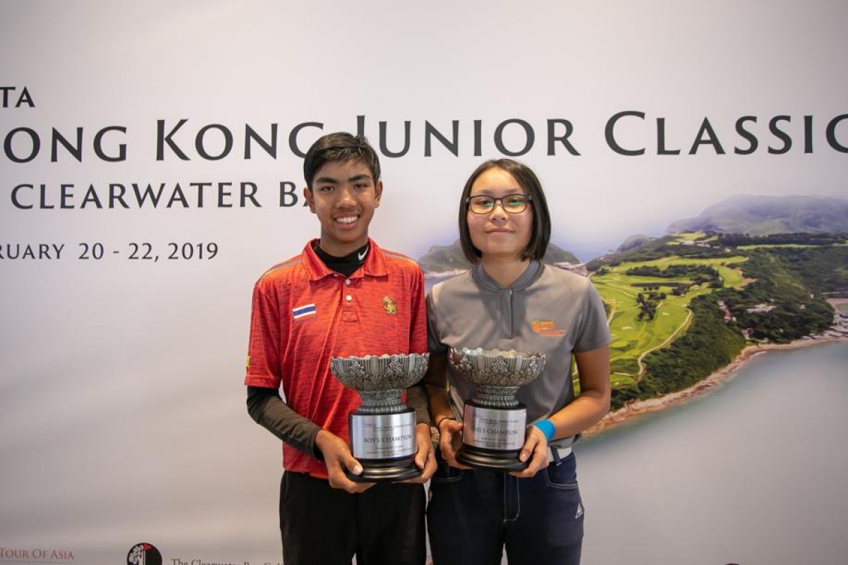 Pongsapak (left) and Chloe celebrate their win at the Hong Kong Junior Classic at Clear Water Bay