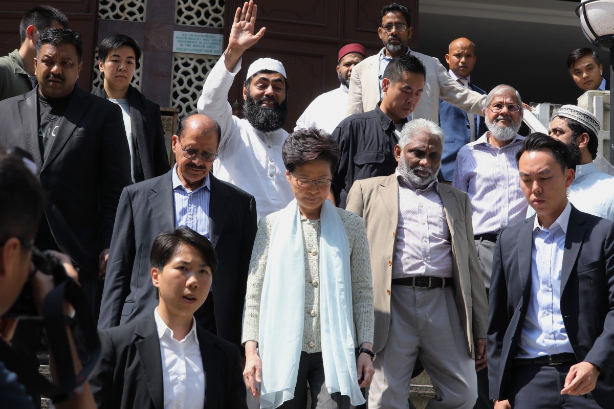 Carrie Lam apologised to the local Islamic community for spraying the entrance to the Kowloon Mosque with blue solution from a water cannon while dealing with protesters on Sunday.