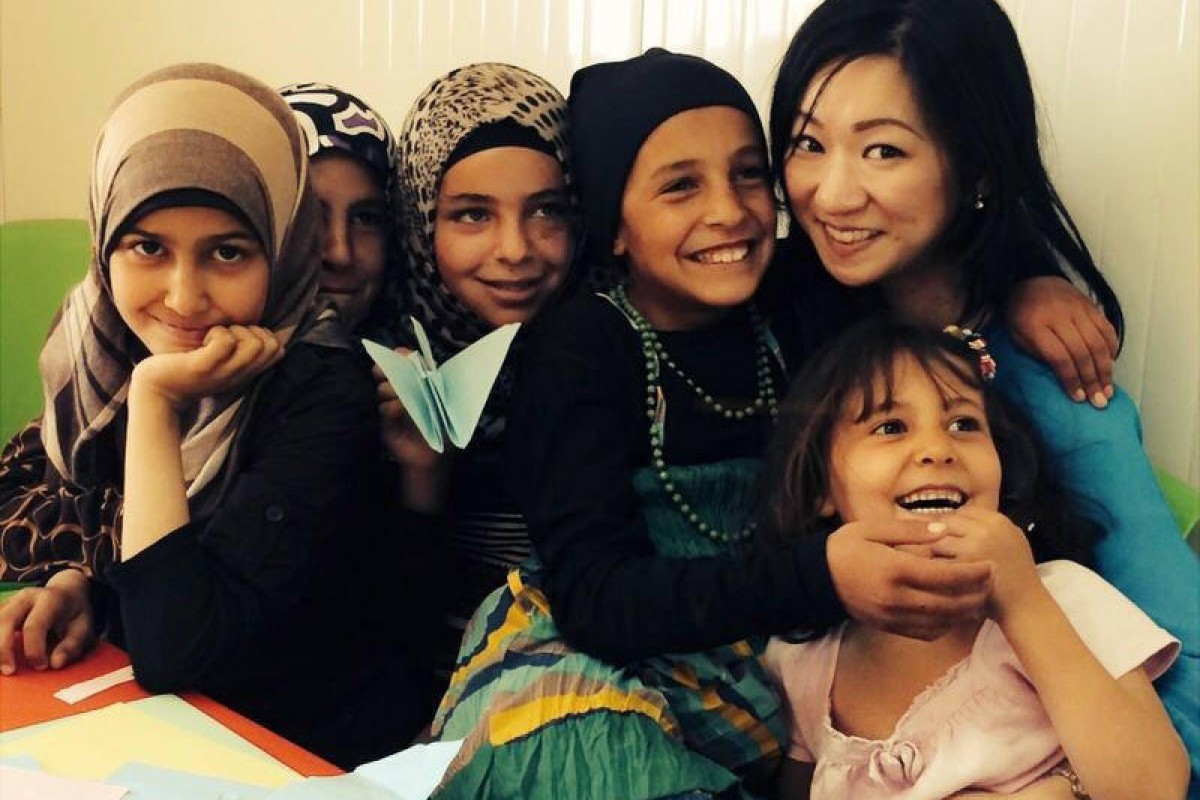 Alexandra Chen with some of the girls in the Zaatari refugee camp in Jordan.