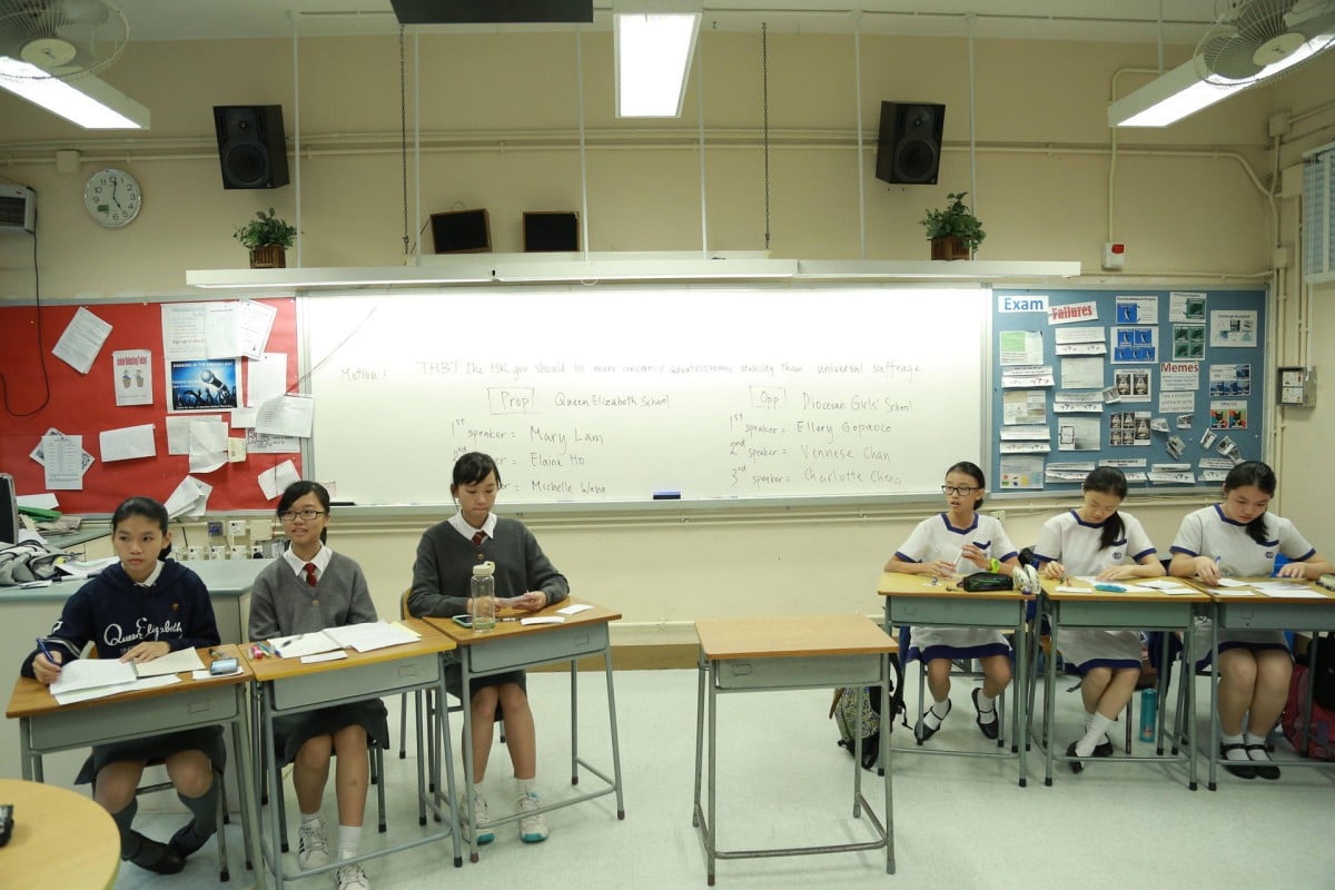 (L-R) Michelle Wong, Elaine Ho, and Mary Lam of Queen Elizabeth School, and Ellery Gopaoco, Vennese Chan, and Charlotte Cheng of Diocesan Girls' School.