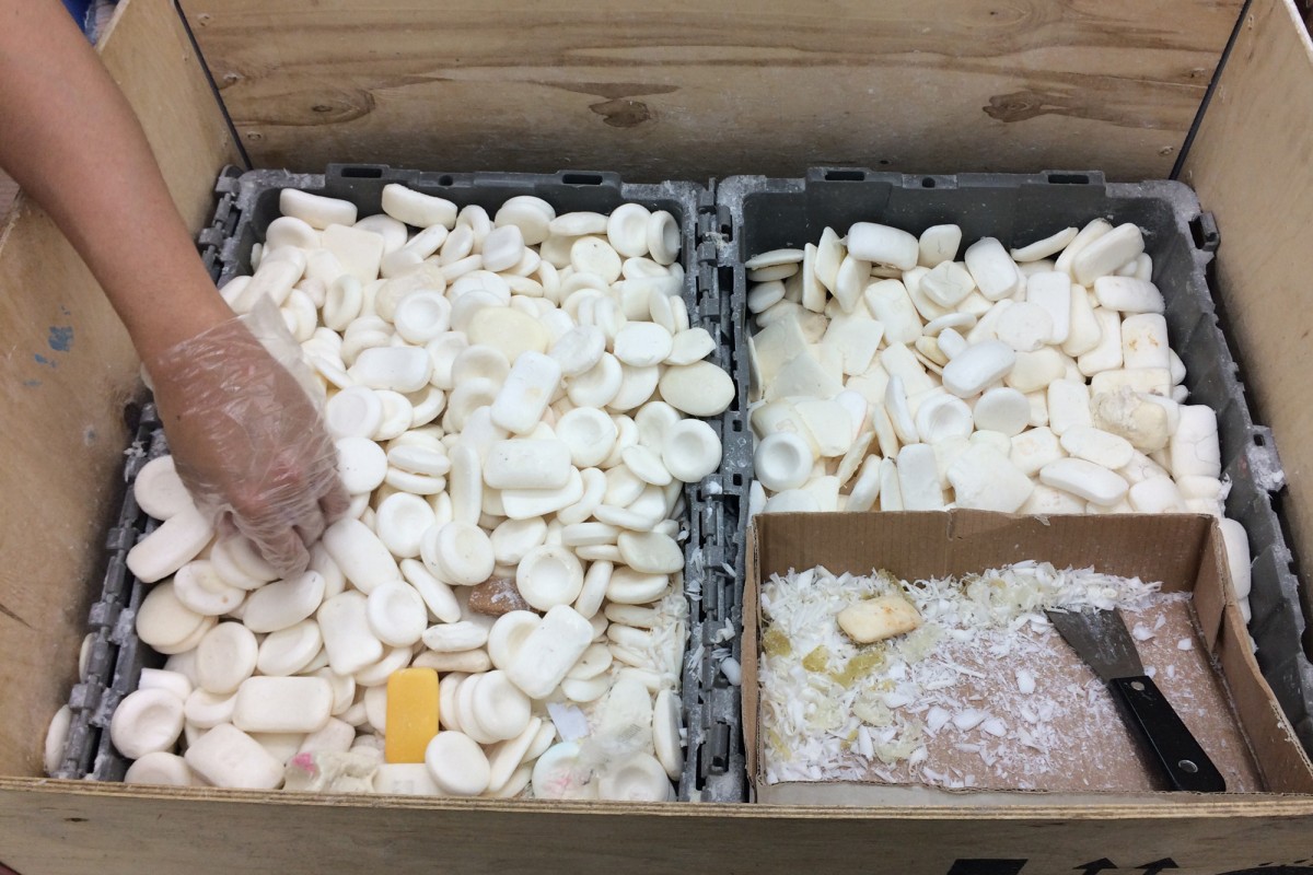 Sorted soaps waiting for volunteers to pick up for craving.