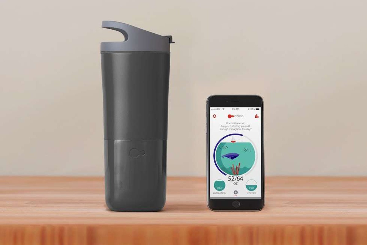 The Ozmo Cup tracks how much the user drinks and links with an app to set and monitor hydration goals.