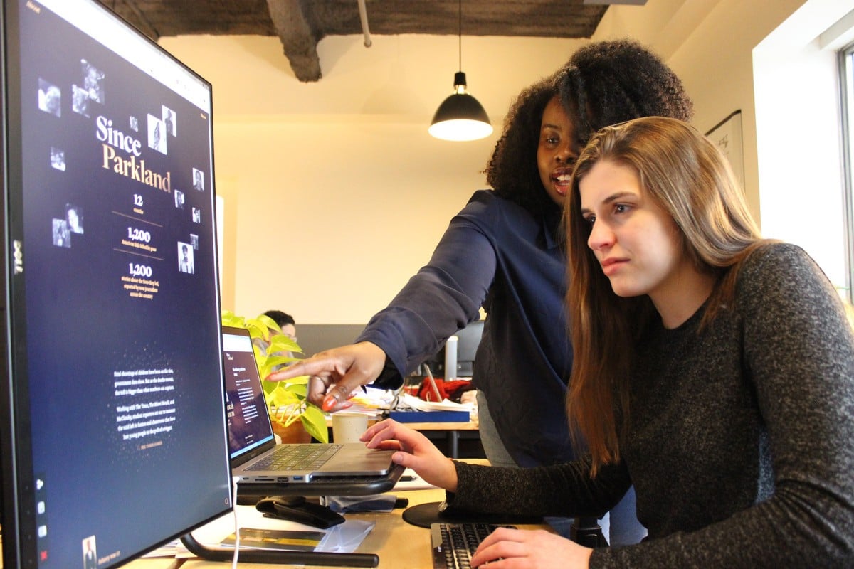 Teen journalists Akoto Ofori-Atta (back) and Mary Claire Molloy are working towards making gun violence a central issue in today’s news, following the shooting at Marjory Stoneman Douglas High School last year.