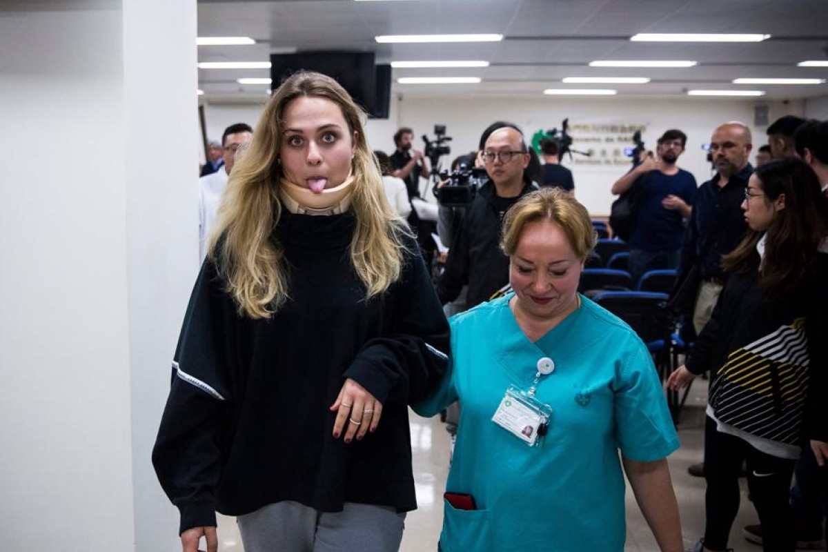 German F3 racing driver Sophia Floersch leaving the press conference at a hospital in Macau. The teenager has remained optimistic in her public statements and on her social media platforms.