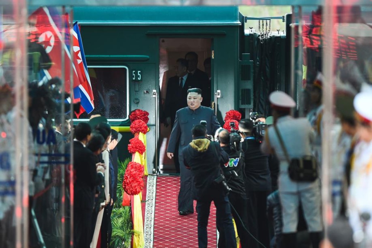 North Korea's leader Kim Jong-un arrives at the Dong Dang railway station in Dong Dang to attend the second US-North Korea summit.