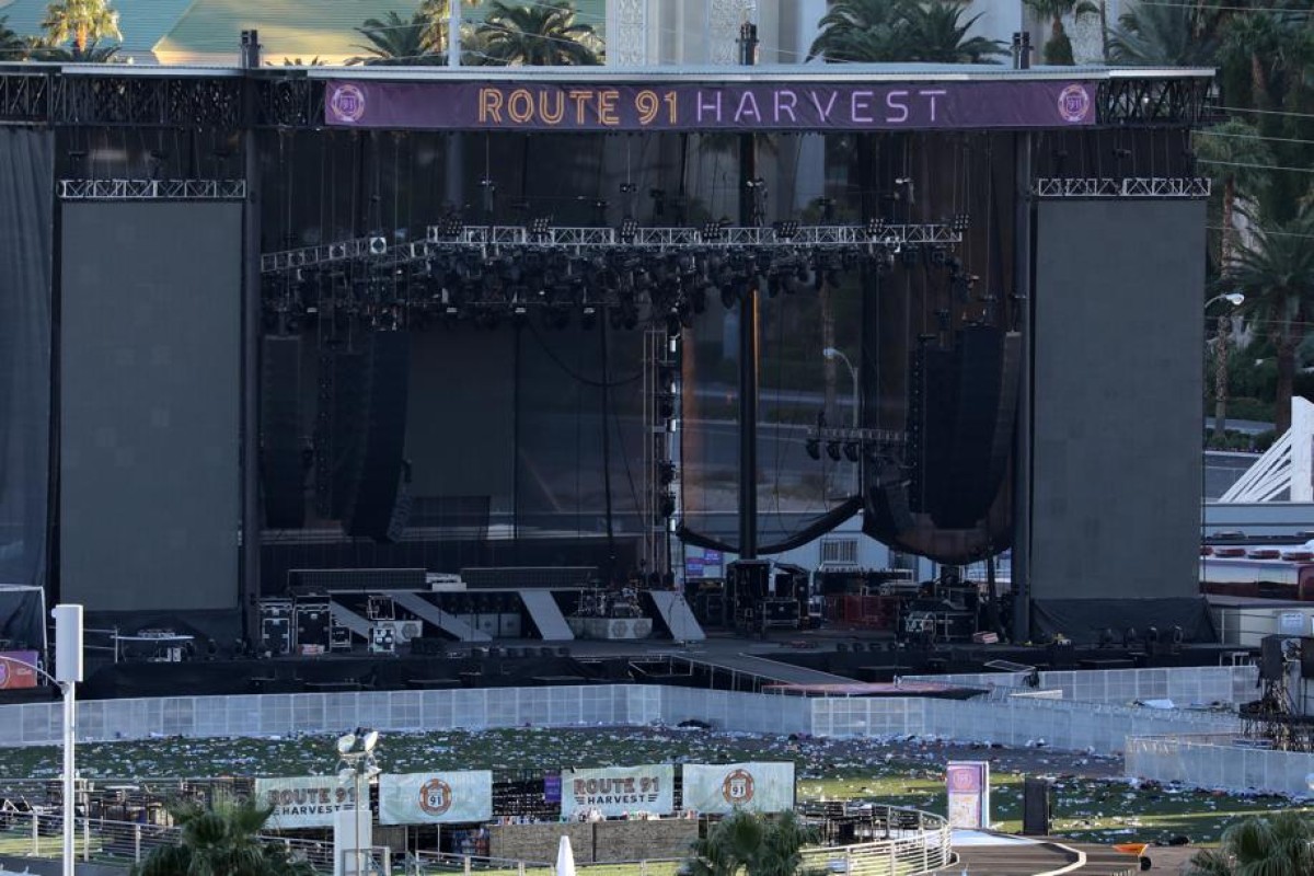 The scene in front of the stage following a mass shooting in which at least 59 people were killed.