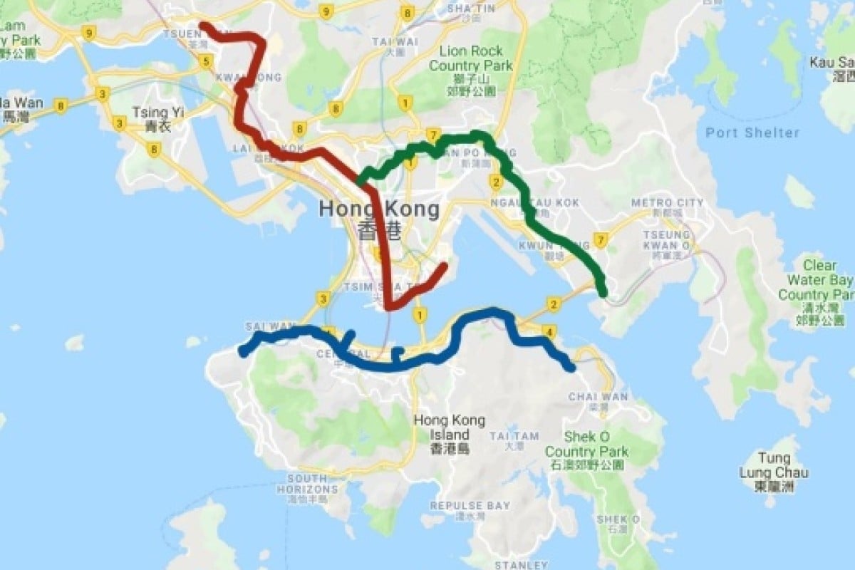 The map shows the route for the human chain for the Island Line, Tsuen Wan Line and Kwun Tong Line. Protesters have added another chain, which will follow the Ma On Shan Line route.