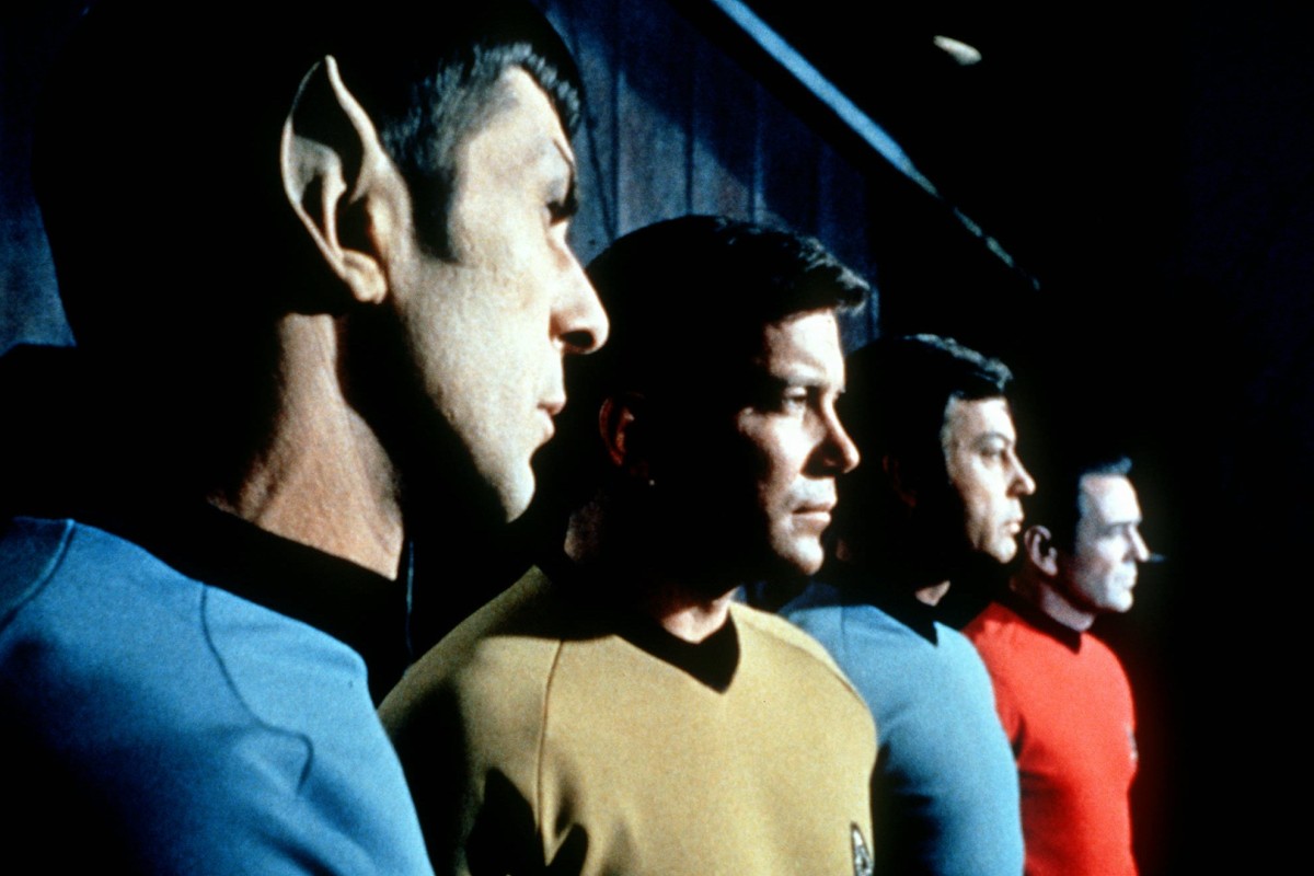 Actors in the TV series "Star Trek," from left, Leonard Nimoy as Commander Spock, William Shatner as Captain Kirk, DeForest Kelley as Doctor McCoy and James Doohan as Commander Scott. Nimoy died last Friday.