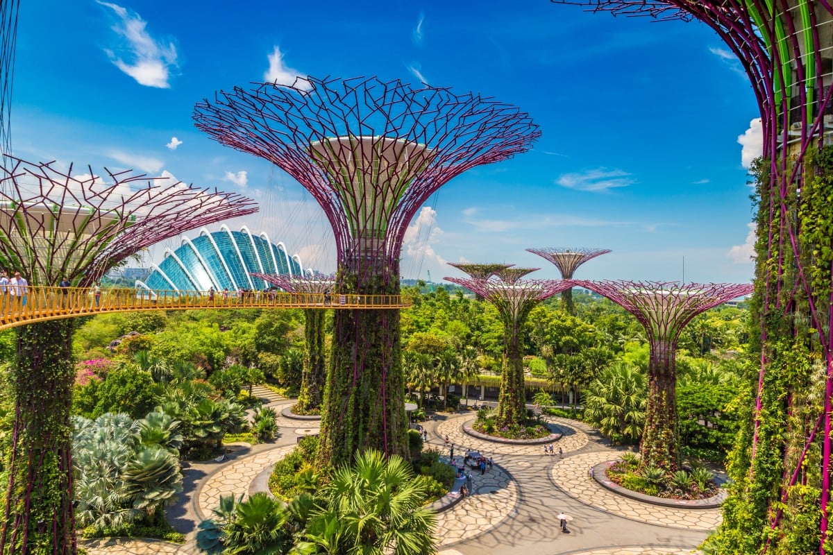 The giant structures at Singapore’s Supertree Grove feature solar panels.