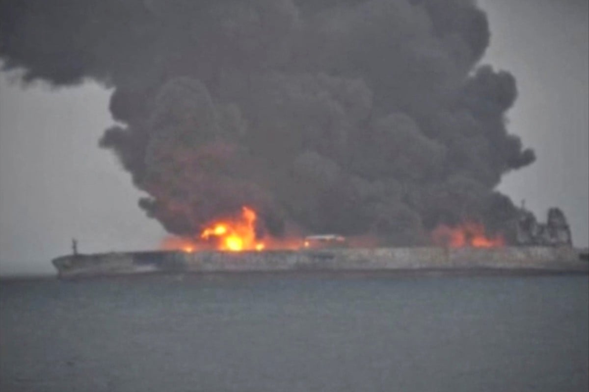 Panama-registered tanker Sanchi lies stricken the the East China Sea