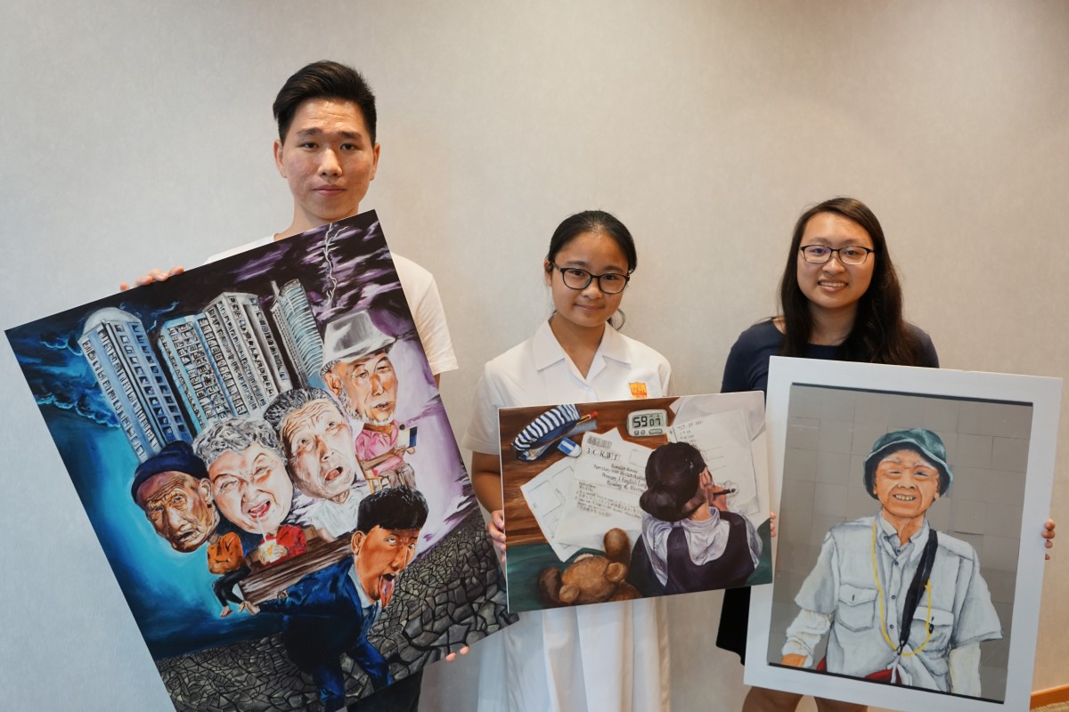 (L-R) Chan Wing-hong, Tjia Man-yan, and Agnes Yeung took home the top prizes for their thought-provoking art.