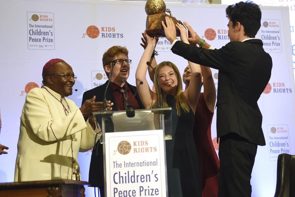 (From left): Archbishop Desmond Tutu with Matt Deitsch, Jaclyn Corin, Emma Gonzalez and David Hogg - students from Marjory Stoneman Douglas High who campaigned against gun violence.