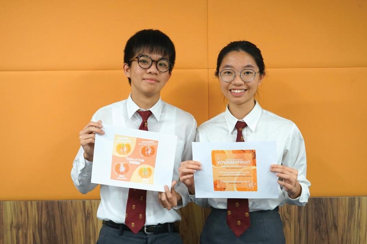 Jasper Koo (left) and Erica Lee share images from their winning presentation from the Plan International Hong Kong Youth Conference.
