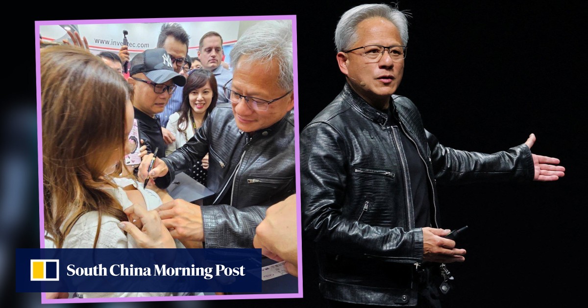 Tech CEO Jensen Huang sparks media frenzy by signing woman’s tight-fitting top