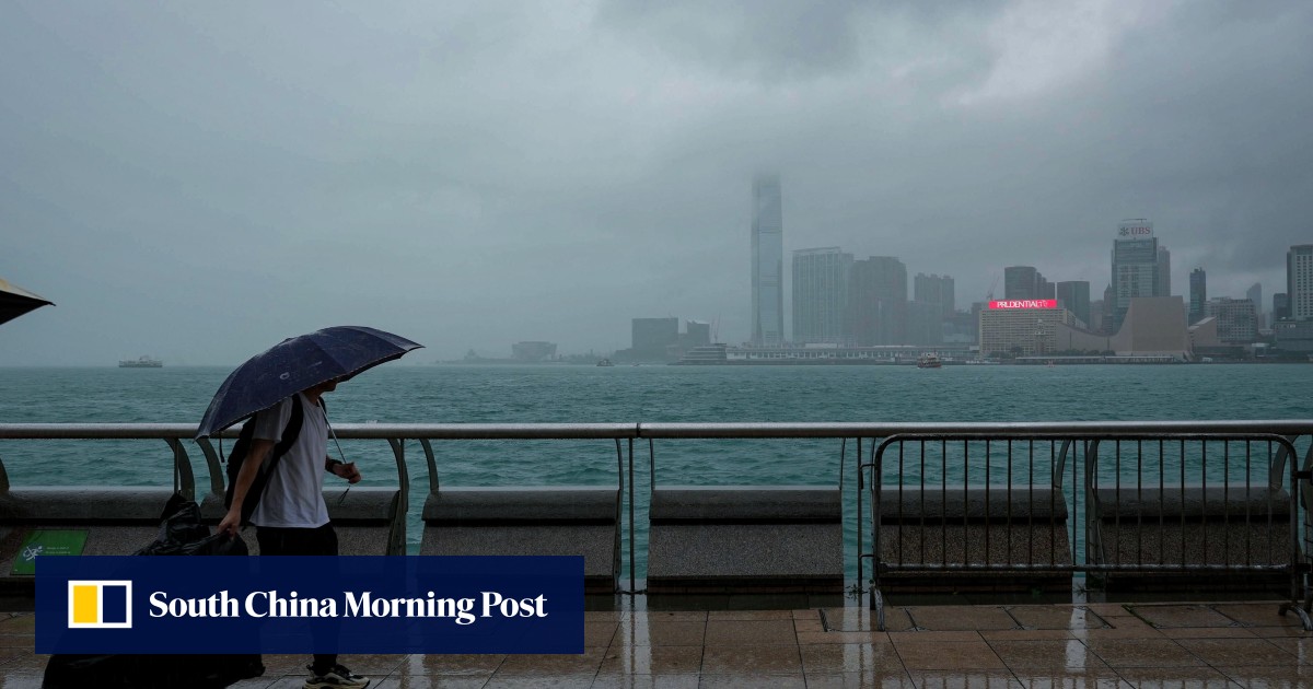 A person walks along a waterfront promenade holding an umbrella under a dark, stormy sky with a hazy, rainstorm-affected cityscape of Hong Kong in the background.
