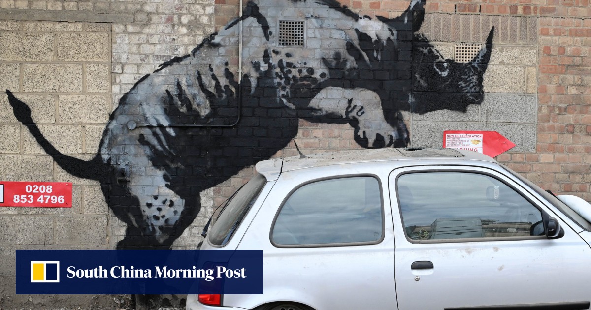 Banksy’s latest animal themed artwork depicts a rhino mounting a car
