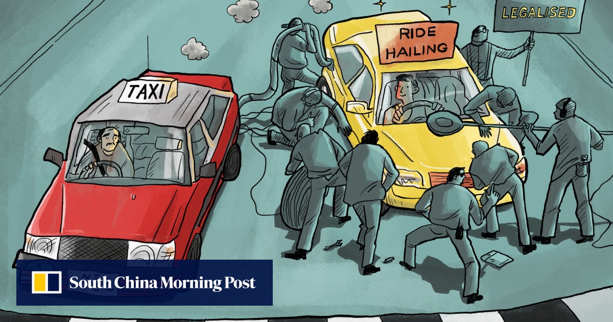 Several individuals are seen working on and installing a "Ride Hailing" sign on a yellow car, with a "Legalised" sign held nearby, illustrating the regulation and formalization of ride-hailing services in Hong Kong in 2025.