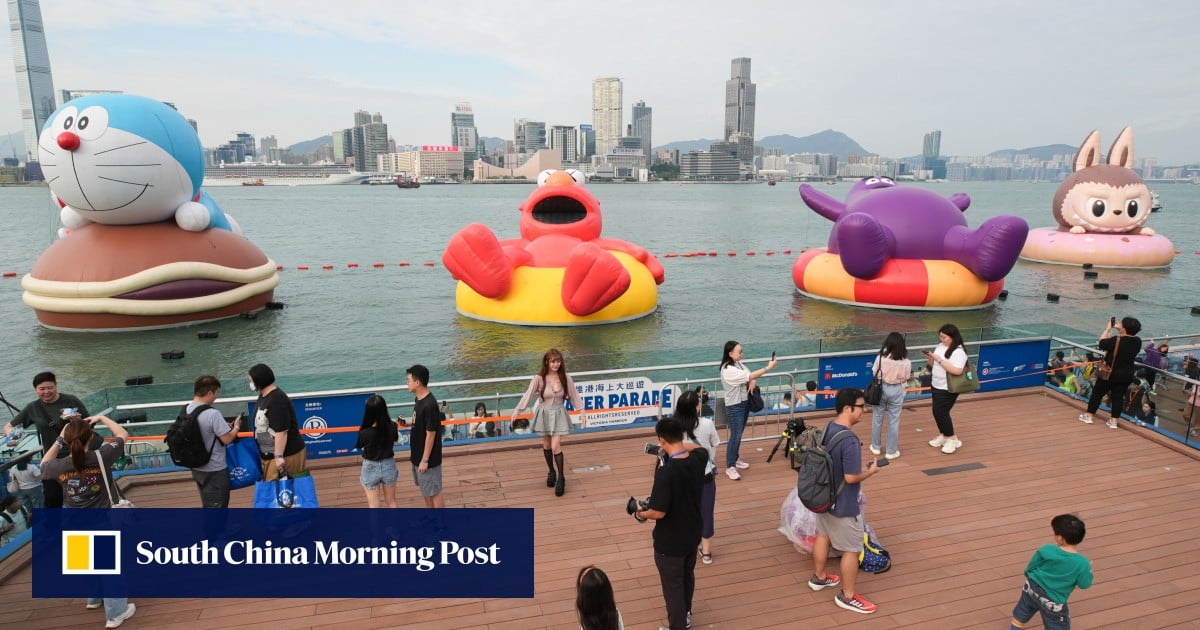Giant Labubu, Elmo, Grimace and Doraemon floating in Hong Kong harbour