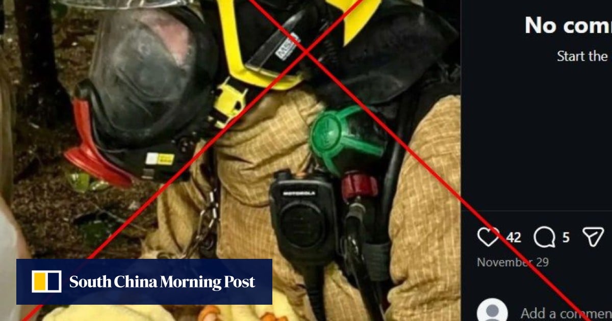 This photo of firefighter rescuing cat is not from Hong Kong’s Tai Po blaze