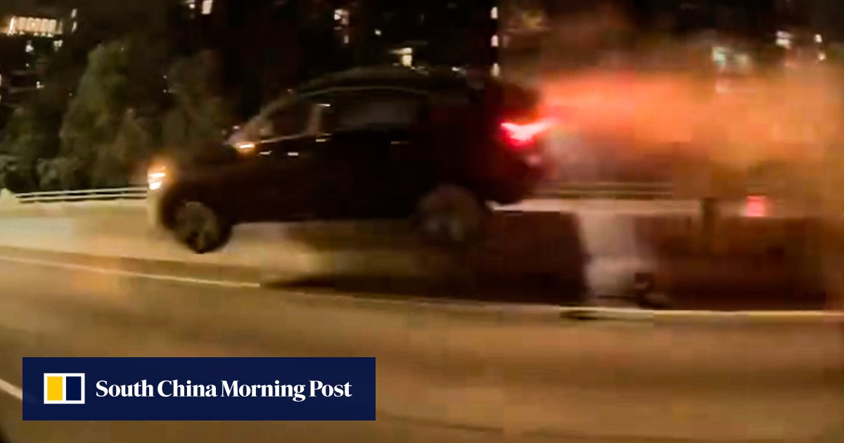 2 drivers hurt as Audi flies across central divider in Hong Kong road crash
