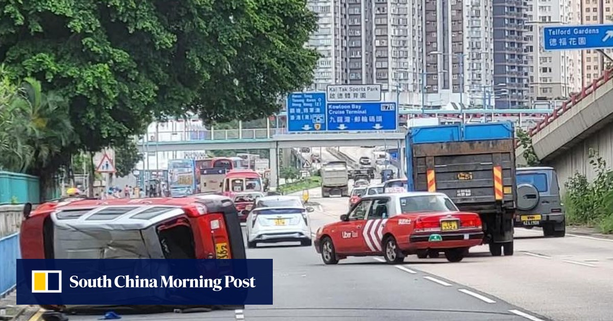 Driver, passenger hurt as taxi collides with truck in Hong Kong