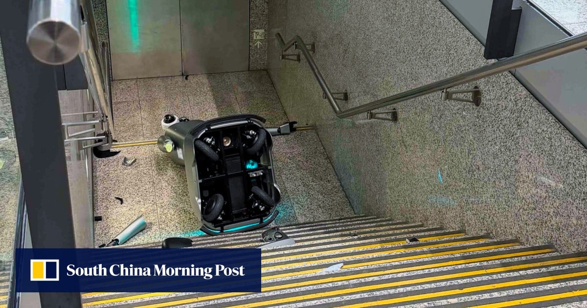 Patrolling robot damaged after falling down staircase at Hong Kong airport