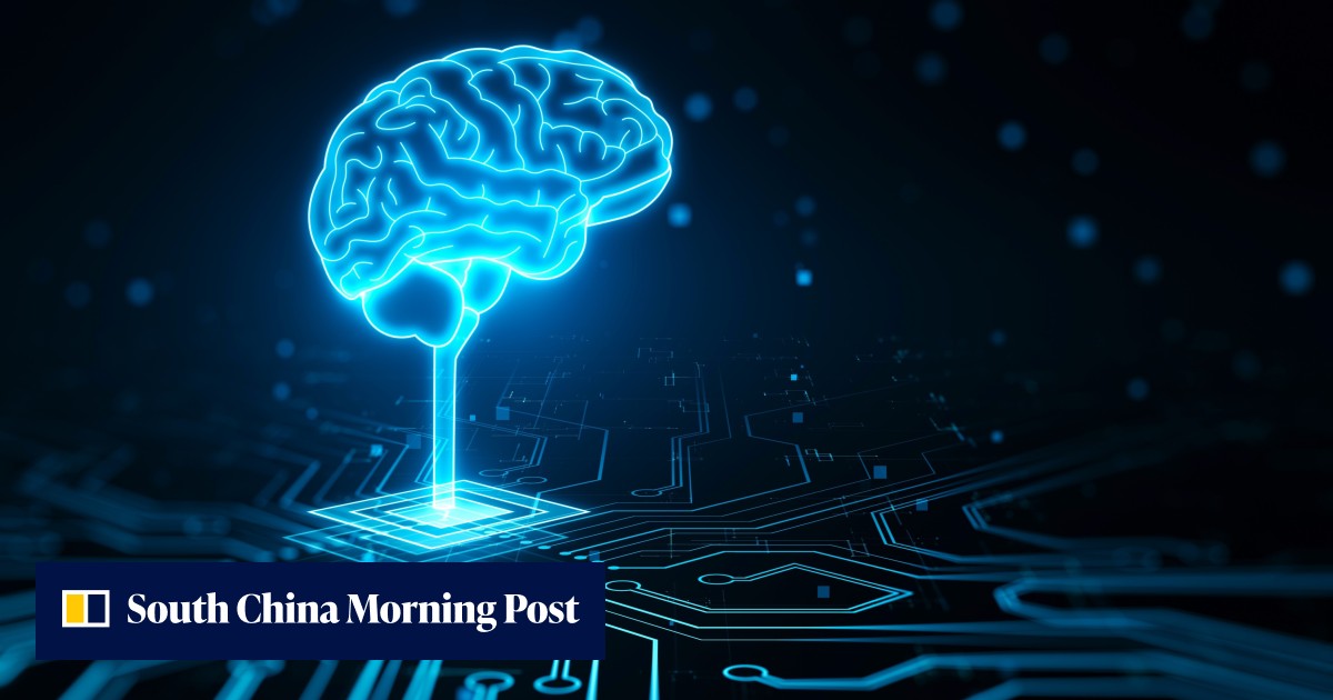 A glowing blue digital brain over a circuit board.