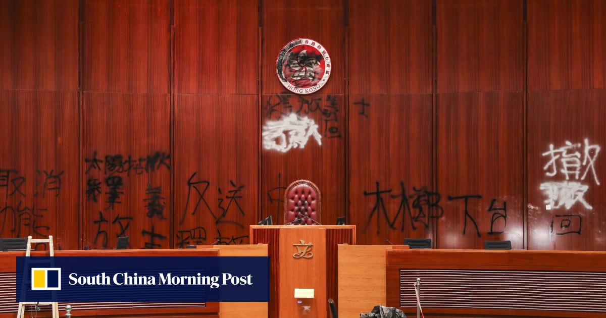 Damage to Hong Kong’s Legislative Council caused by protesters on July