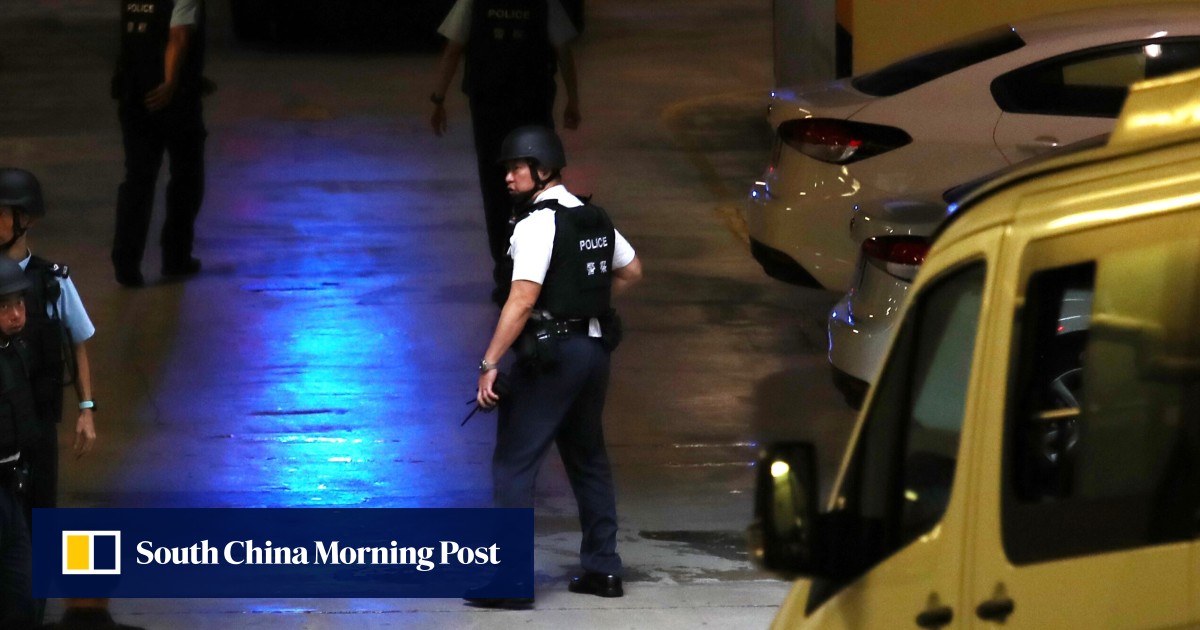 Officers wearing bulletproof vests guard suspect as Hong Kong stolen