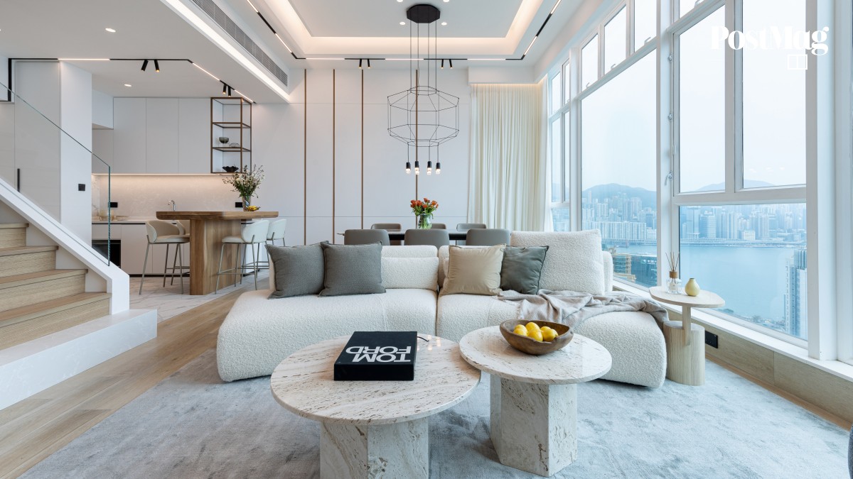 View of Duplex penthouse makeover brings clean, minimal lines and practicality ...