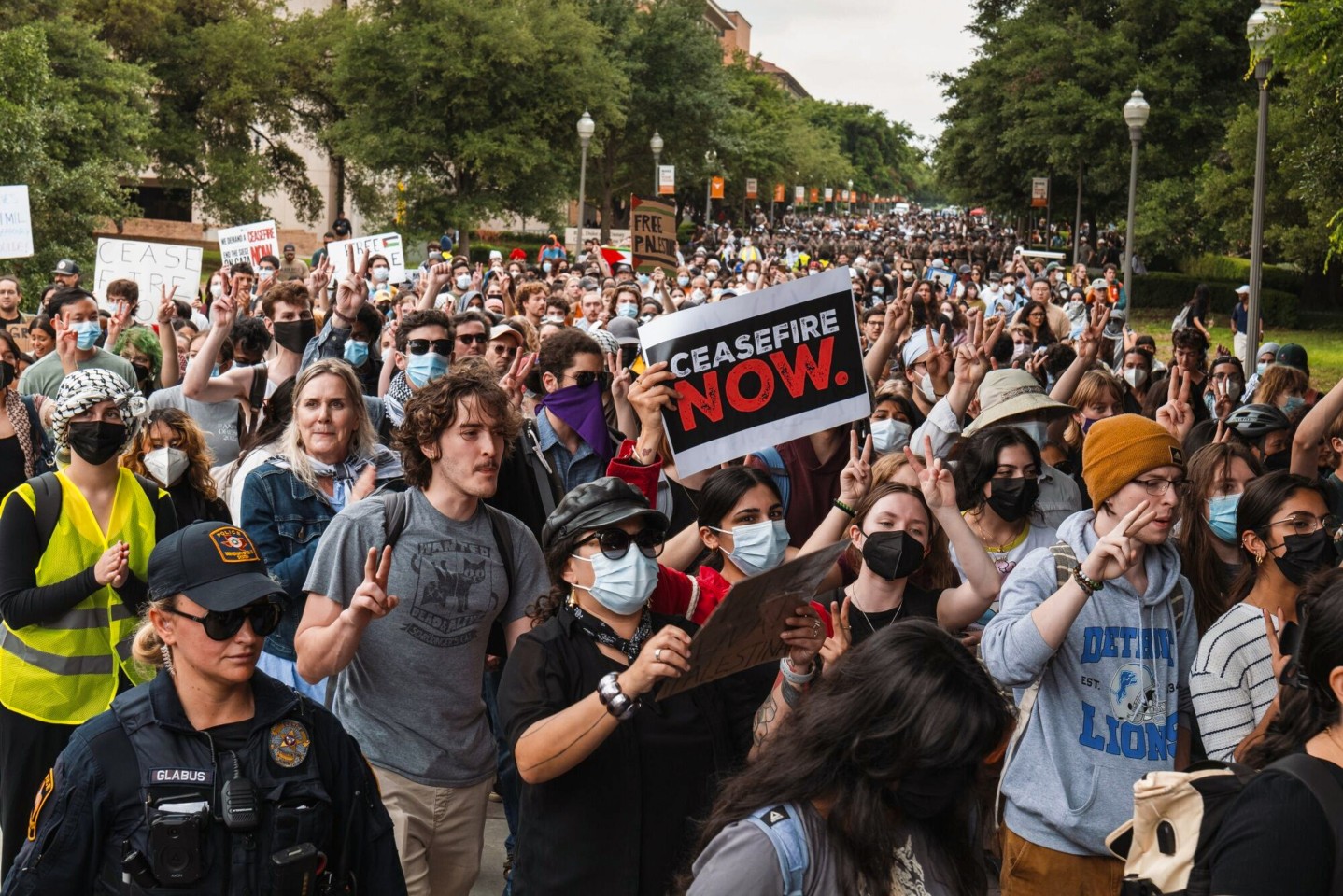 Demonstrators during a pro-Palestinian protest at the University of Texas on April 24, 2024. Photo: Bloomberg