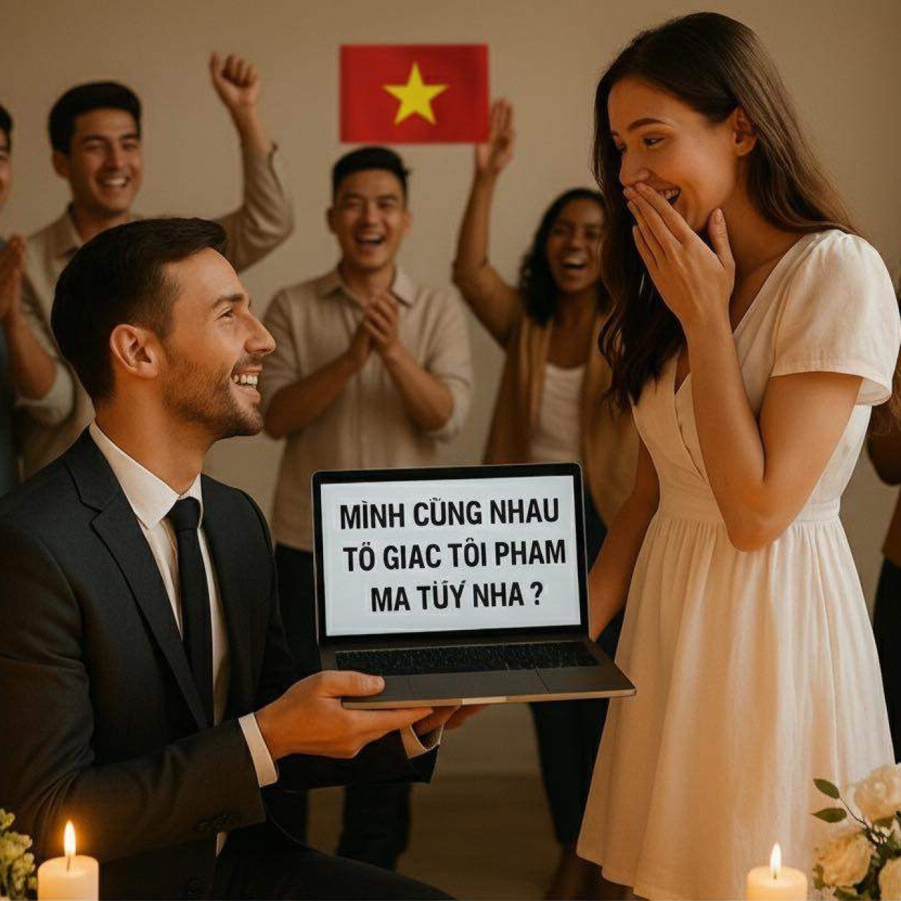 A viral social media post showing a faux wedding proposal created by an anti-drugs police unit photo in Ho Chi Minh City. Photo: Facebook/PC04.CATP