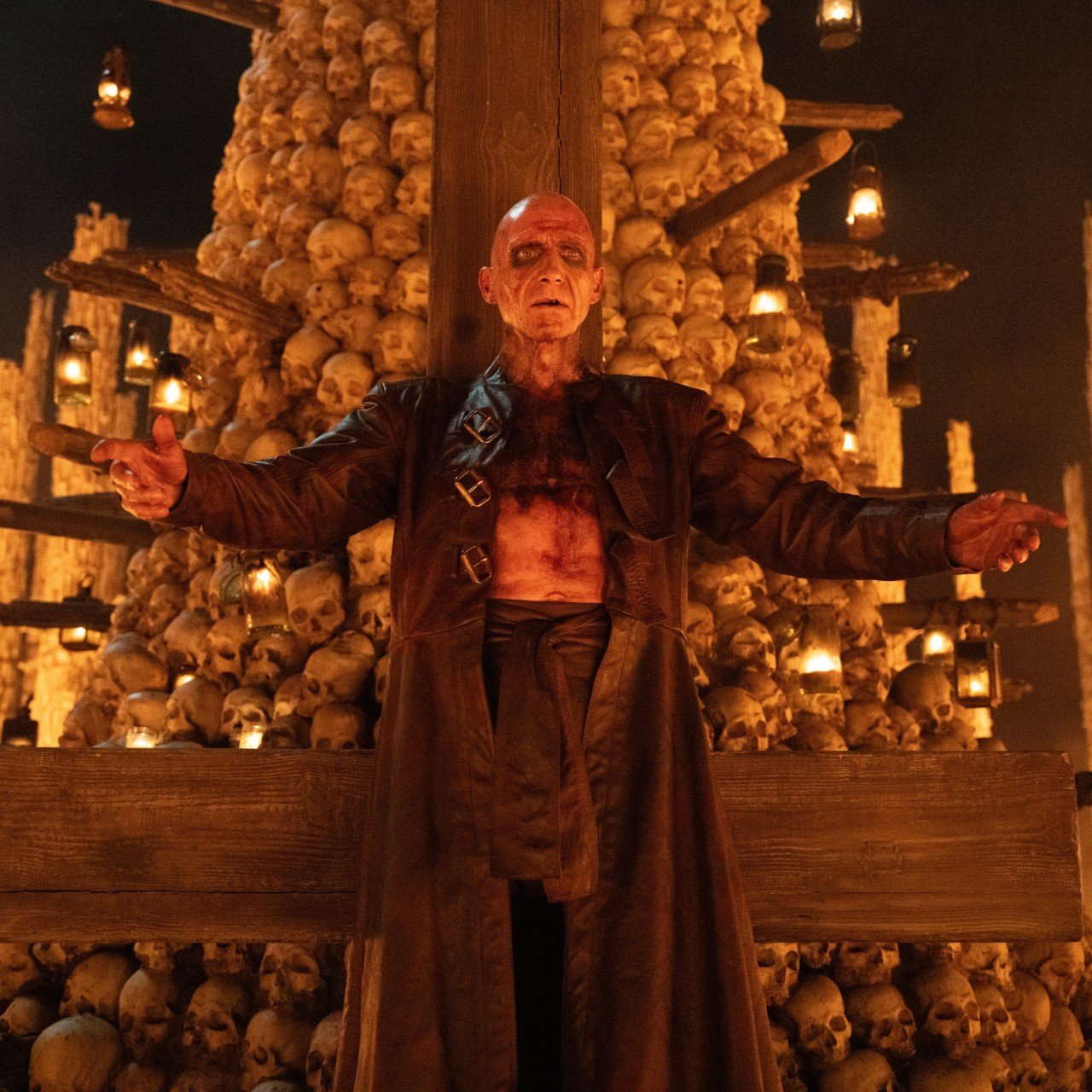 Ralph Fiennes in a still from 28 Years Later: The Bone Temple (category III), co-starring Jack O’Connell and Alfie Williams and directed by Nia DaCosta.