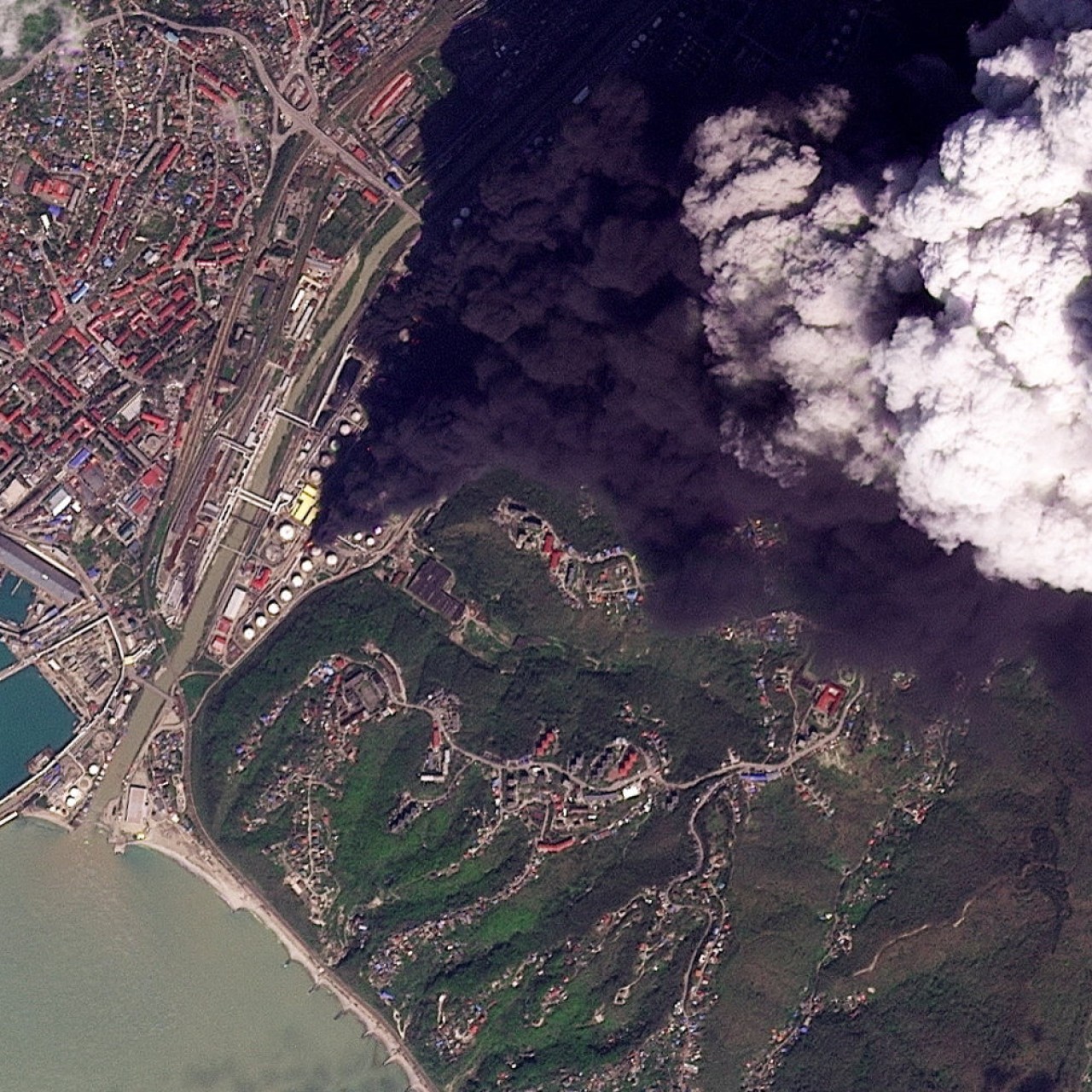 A satellite image shows smoke rising from an oil refinery in Tuapse, Russia, on Monday after an overnight strike claimed by Ukraine’s military. Photo: Planet Labs PBC/Reuters