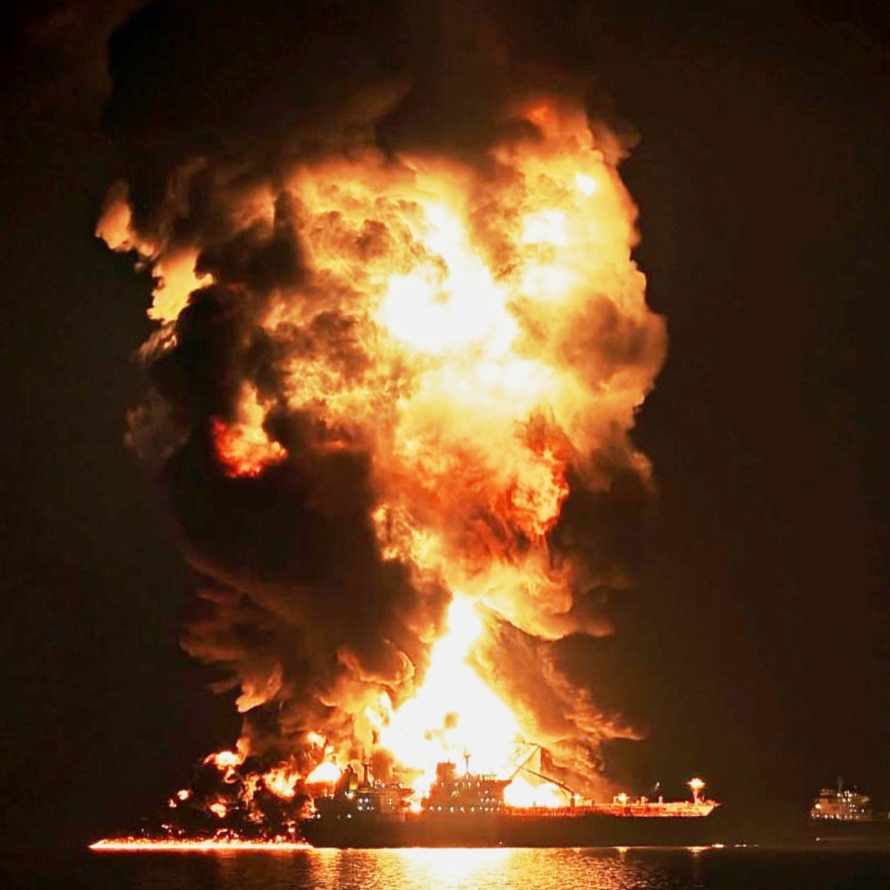 An oil tanker burns off the coast of Iraq after being hit by an Iranian strike last month amid the US-Israel war on Iran. Photo: AP
