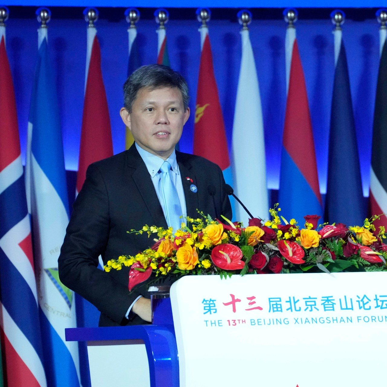 Singapore Defence Minister Chan Chun Sing delivers remarks during the Xiangshan Forum in Beijing on Wednesday. Photo: AP