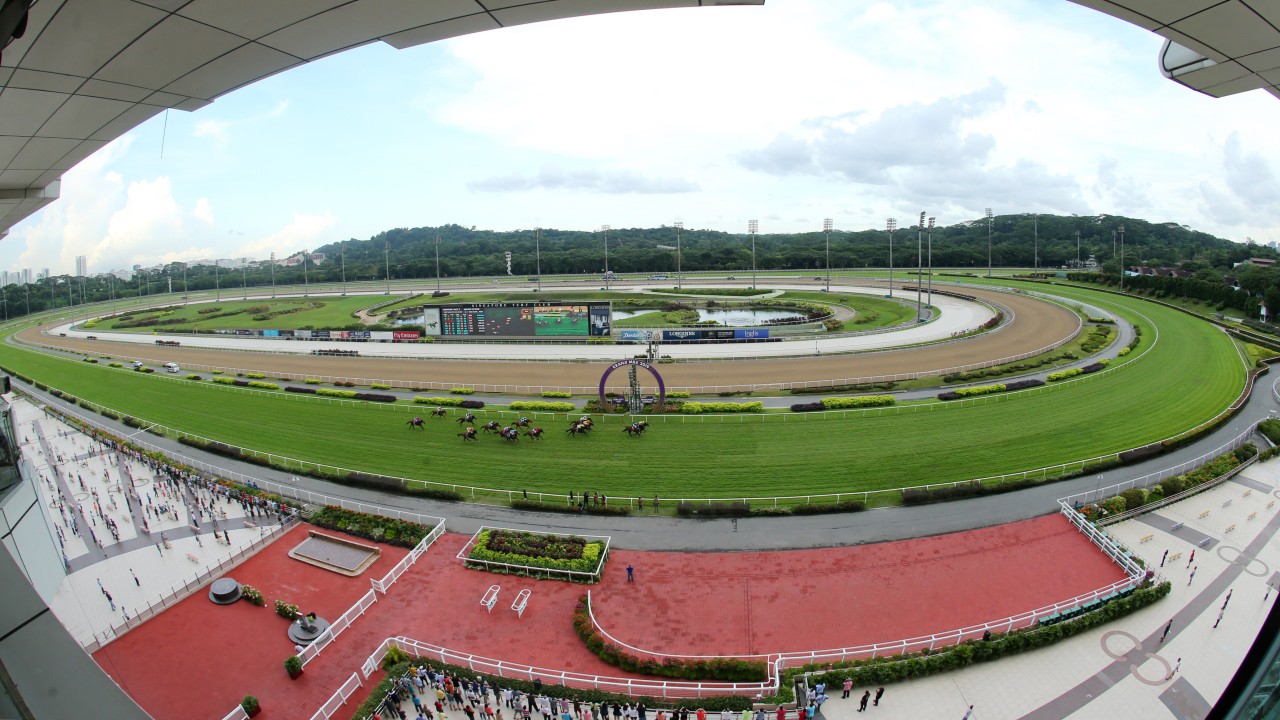 The field crosses the finish line at Kranji. Photos: Kenneth Chan