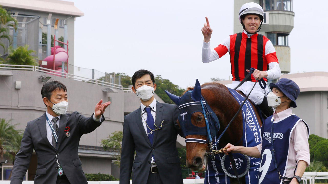 Damian Lane after winning the 2022 Hong Kong Vase on Win Marilyn. He has three key rides on Champions Day on Sunday. Photos: Kenneth Chan