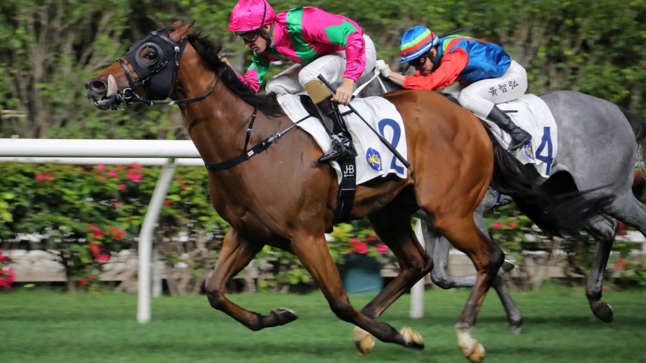 Hugh Bowman guides Celestial Colours to victory at Happy Valley on March 6.