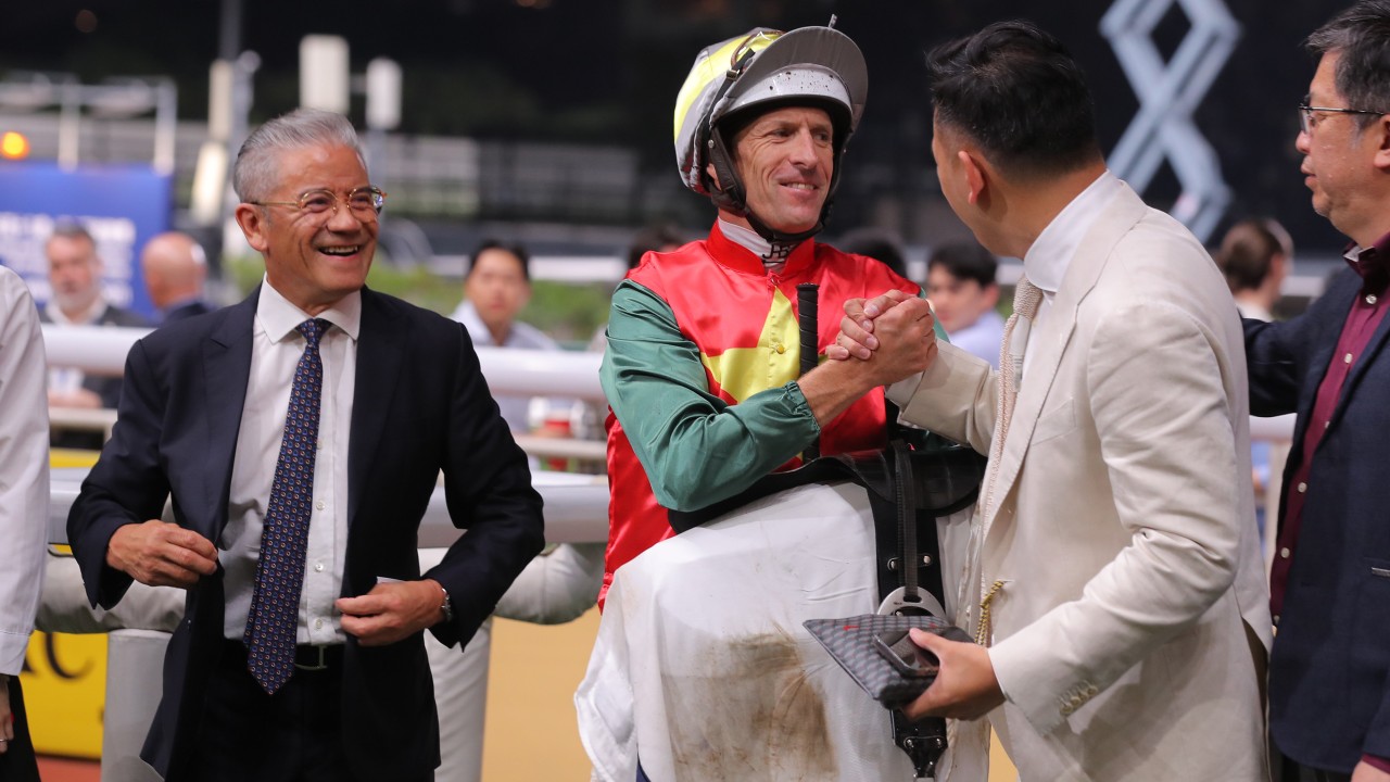 Trainer Tony Cruz (left), jockey Hugh Bowman and connections of Righteous Arion celebrate their Happy Valley win. Photos: Kenneth Chan