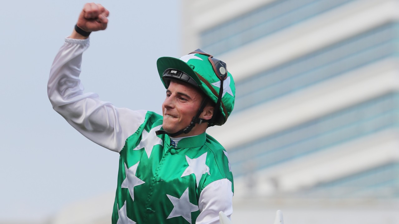William Buick celebrates his Group One QE II Cup win on Pakistan Star in 2018. Photo: Kenneth Chan
