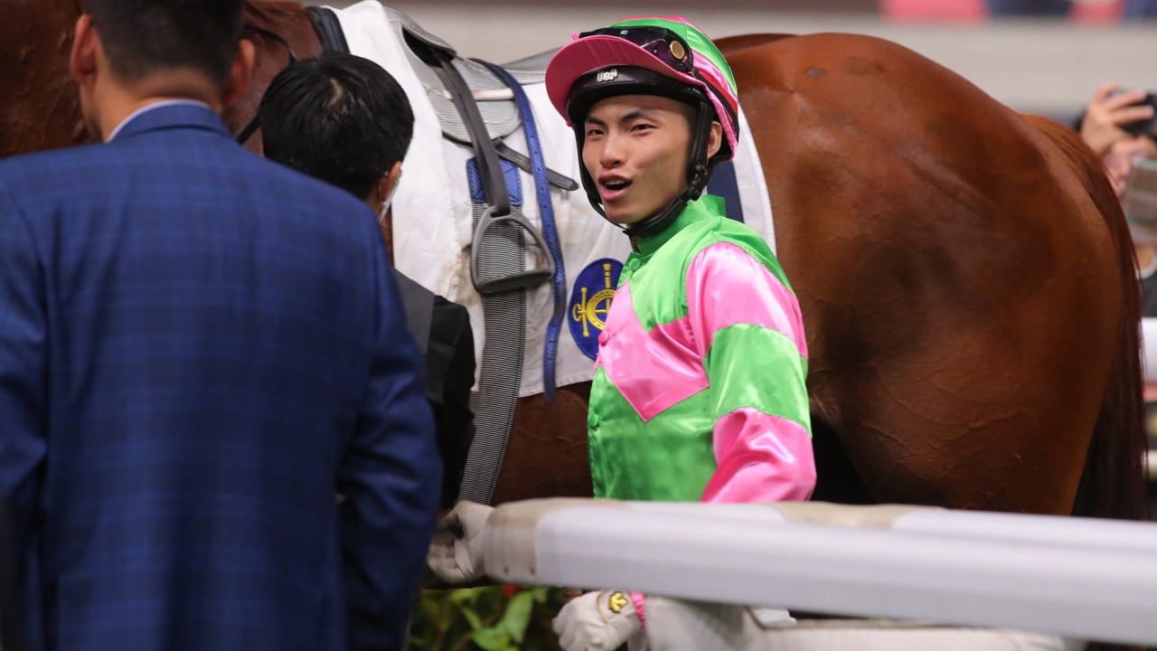 Ellis Wong returns to the winner’s enclosure at Happy Valley on Wednesday night.